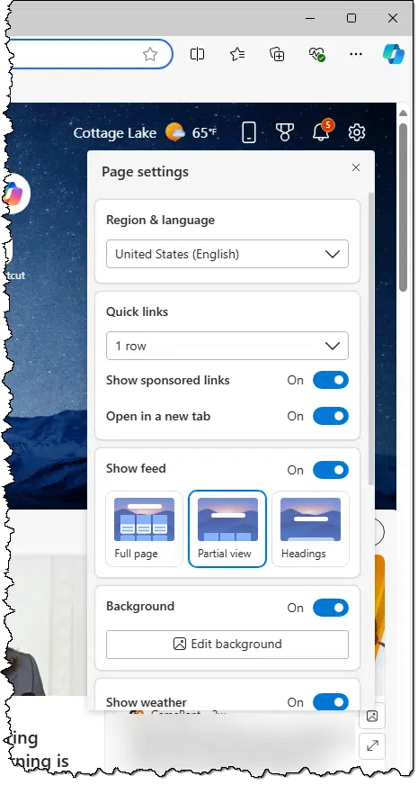 Page settings for the new tab page.