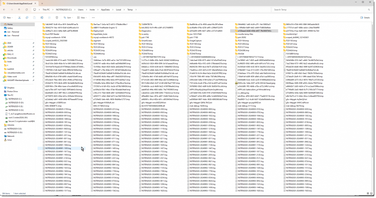 Windows File Explorer open on TMP folder with many files and folders.