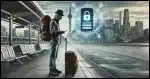 A lone traveler standing in an empty urban environment with no belongings except the clothes on their back, looking at a locked phone screen with a confused expression.