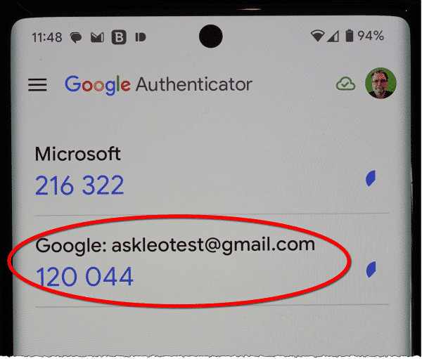 Newly added two-factor authentication account displaying code.