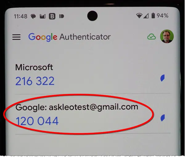 Newly added two-factor authentication account displaying code.