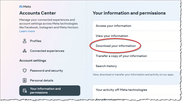 Facebook "Download your information" option.