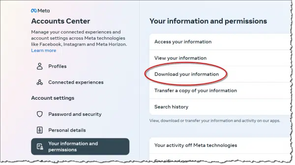 Facebook "Download your information" option.