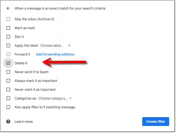 Gmail filter settings.