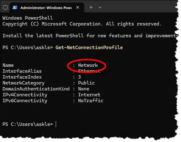 Get-NetConnectionProfile command