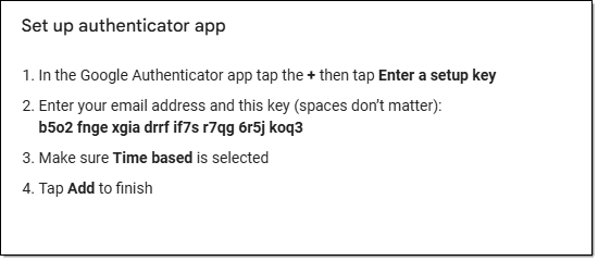 Using a text key to set up 2FA.