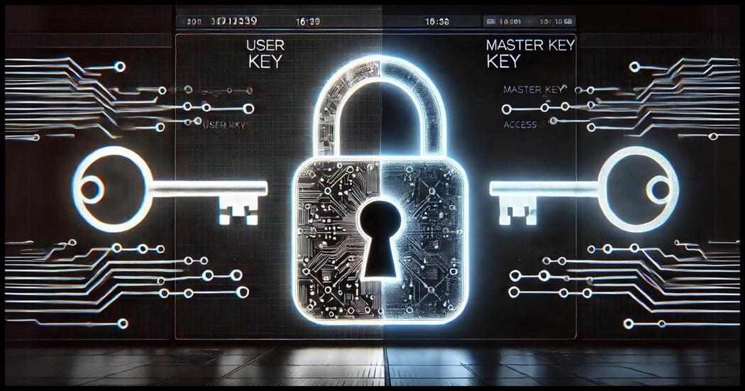 A detailed digital lock displayed on a screen split into two sections. One side shows a bright, traditional key symbol representing user access, with a secure and clean digital interface. The other side has a faint, shadowy master key symbol, appearing ominous and subtly blending into a darker background, representing potential government or third-party access.