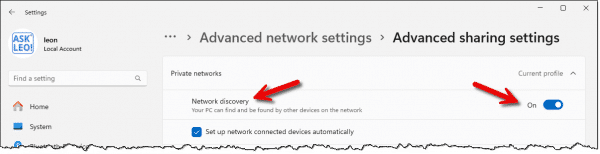 Network Discovery setting.