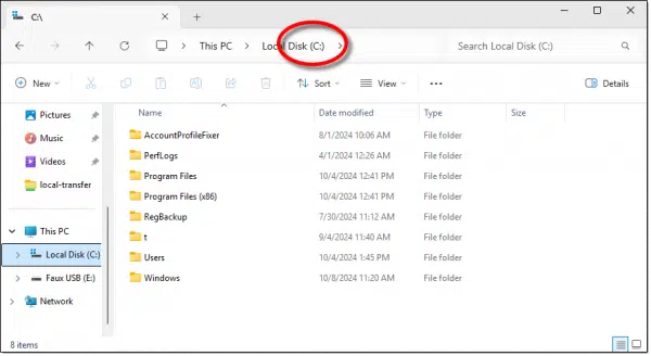 Displaying the root of the C: drive.
