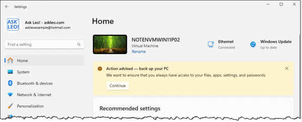 Action required warning in settings.