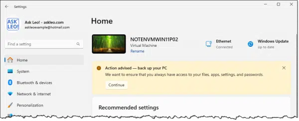 Action required warning in settings.