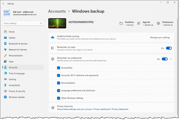 Windows Backup settings in the Settings app.