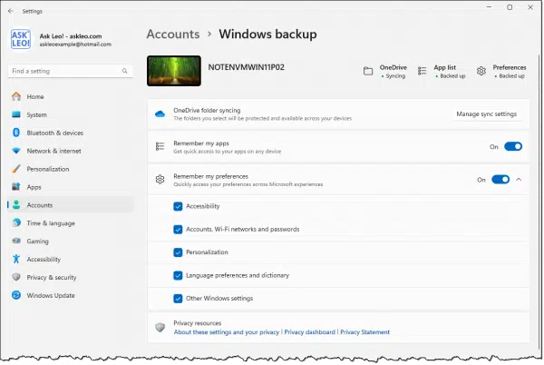 Windows Backup settings in the Settings app.