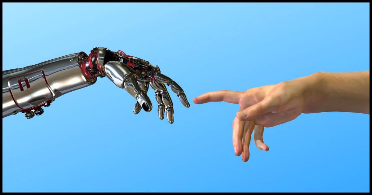 Robotic and human arm almost touching fingertips