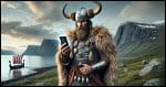 A Viking warrior standing tall, dressed in traditional Viking armor and furs, holding a modern mobile phone in his hand. The Viking has a long, braided beard and is wearing a horned helmet, with the rugged landscape of a Nordic fjord in the background. The phone glows slightly as he looks down at it, juxtaposing ancient and modern worlds.