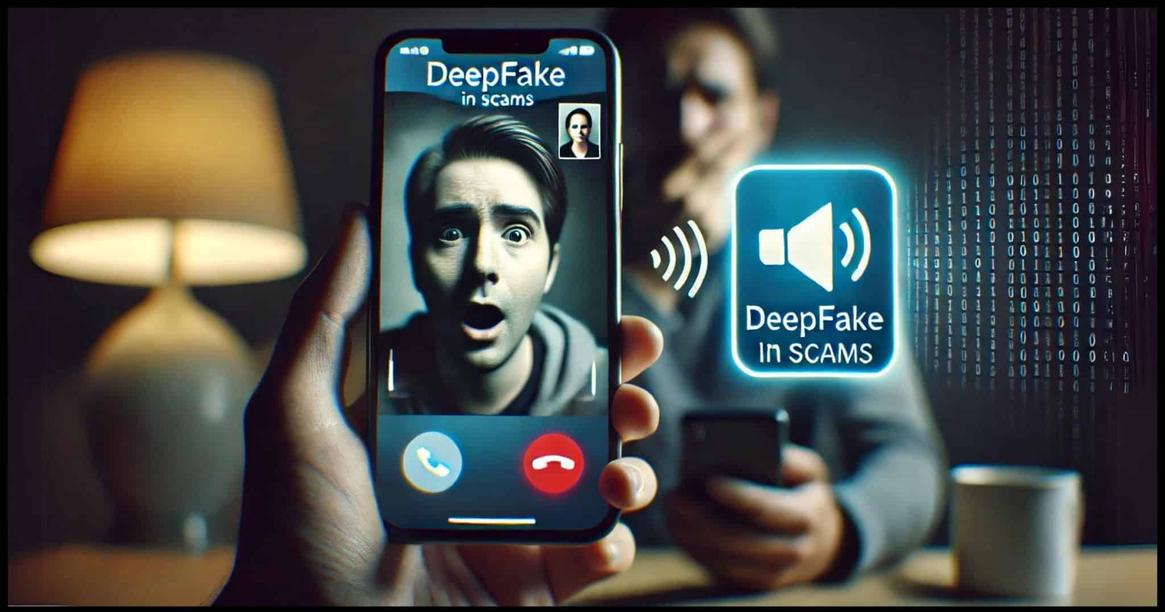 A blurred screen with a video call window displaying a convincing deepfake video of a person, alongside a separate speaker icon indicating AI-generated voice mimicry. The background has a person in a dark room, looking confused or shocked while on their smartphone, symbolizing the unsettling reality of AI scams.