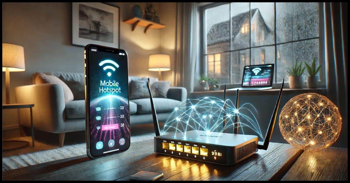 Modern internet connectivity in a home setting. The scene includes a smartphone displaying a mobile hotspot setting, a Wi-Fi router with glowing LED indicators, and a laptop connected wirelessly. 