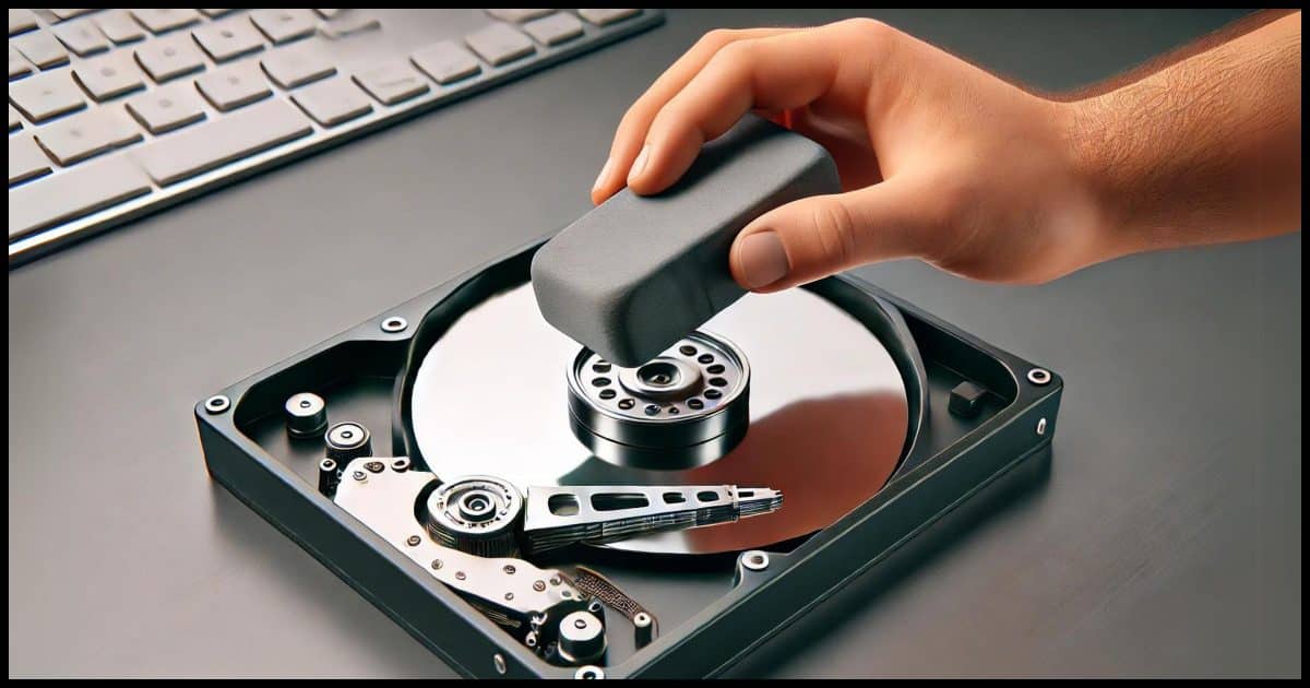 A large rubber eraser held above a large computer hard disk. The eraser is positioned as if it's about to erase data from the disk. The hard disk is placed on a desk with visible details of the disk platter and components, while the eraser is clean and slightly worn from use.