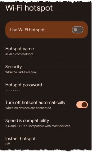 Mobile hotspot settings.