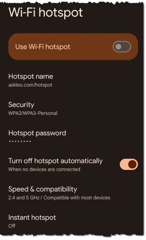 Mobile hotspot settings.