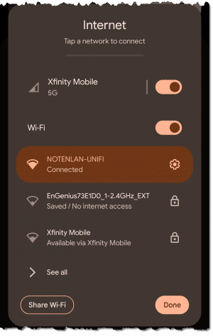 My mobile phone connected to a Wi-Fi hotspot.