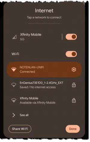 My mobile phone connected to a Wi-Fi hotspot.