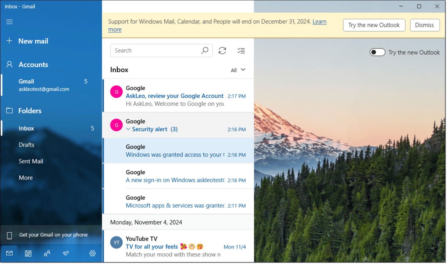 Try the new Outlook and end of year end of support support notice for Windows Mail.