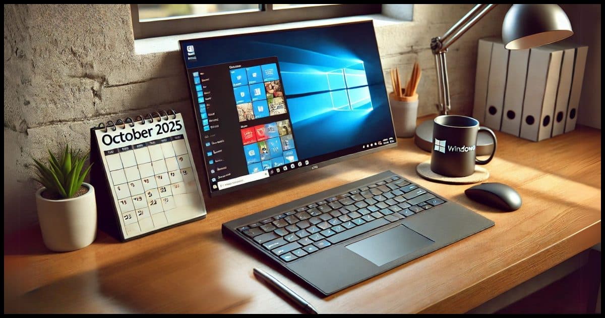 A Windows 10 PC on a desk, with an accurate October 2025 calendar placed next to it. 