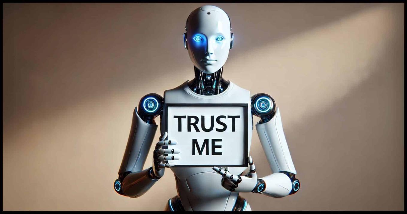 A sleek AI-style humanoid robot holding a sign that says 'Trust Me' in bold letters.