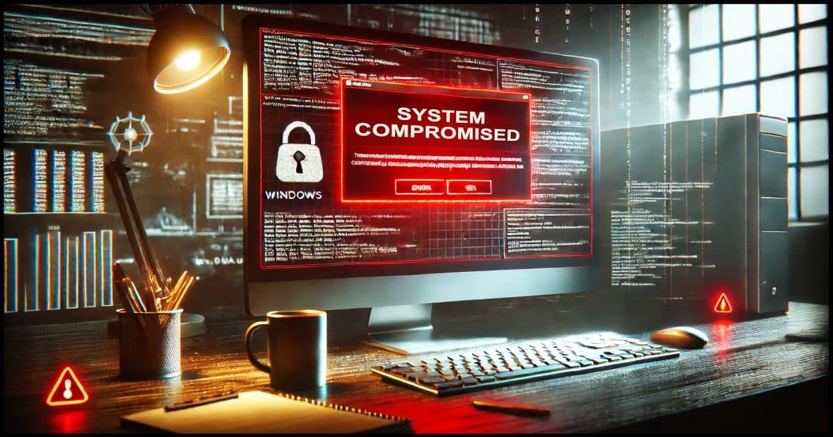 A desktop Windows PC with a bold red warning message on the screen reading 'System Compromised.' The background suggests a cybersecurity breach, with dark tones and a subtle hint of digital chaos, such as faint binary codes or digital artifacts. The setting is an office desk setup with realistic details like a coffee mug, a notepad, and a dimly lit, tense atmosphere.