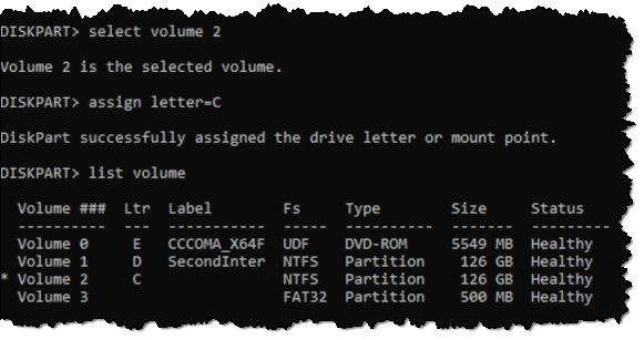 Diskpart assigning a drive letter.