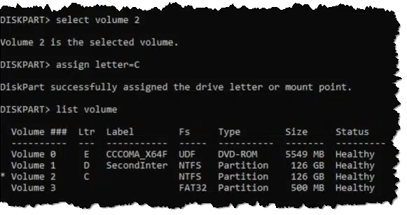 Diskpart assigning a drive letter.