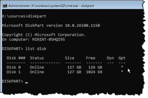 Diskpart listing disks.