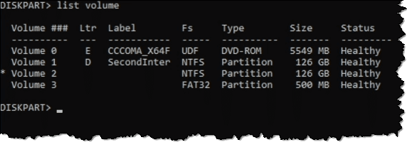 Diskpart listing volumes.