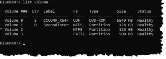 Diskpart listing volumes.