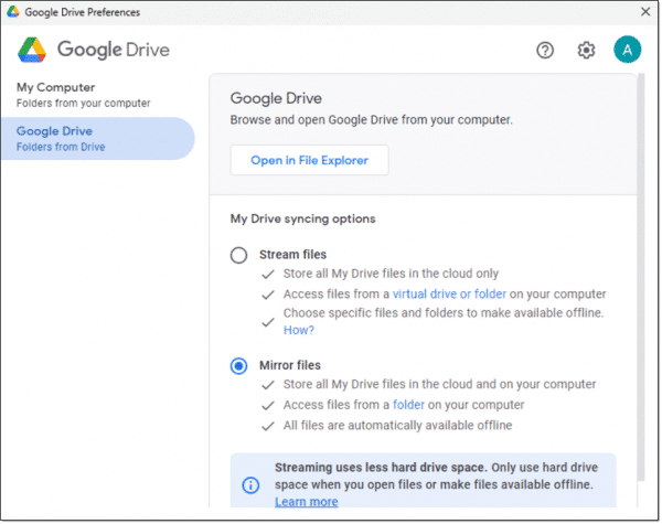 Google Drive mirror setting.