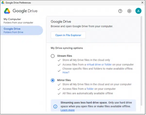 Google Drive mirror setting.