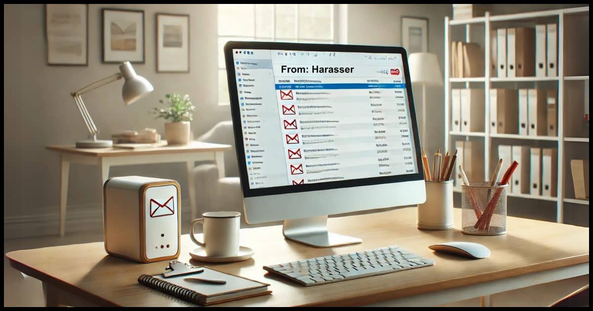 A desktop PC on a clean desk with a visible inbox showing spam or threatening emails on the screen. 