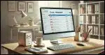 A desktop PC on a clean desk with a visible inbox showing spam or threatening emails on the screen.