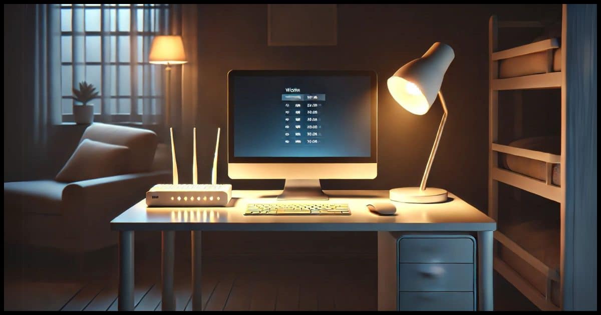 A PC with a clean, minimal desk setup in a softly lit room illuminated by a warm desk lamp and the subtle glow of a NAT router with blinking lights. The background hints at a cozy nighttime setting with subtle shadows, creating a secure and calming atmosphere.