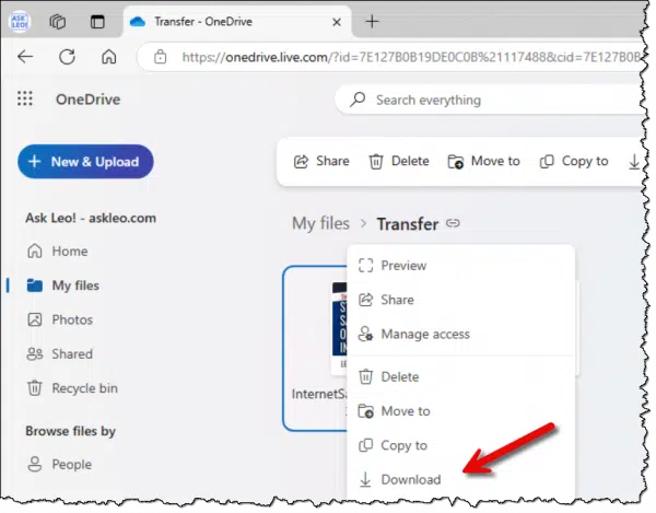 Downloading a file from OneDrive.com.