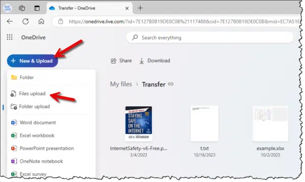 OneDrive file upload options.