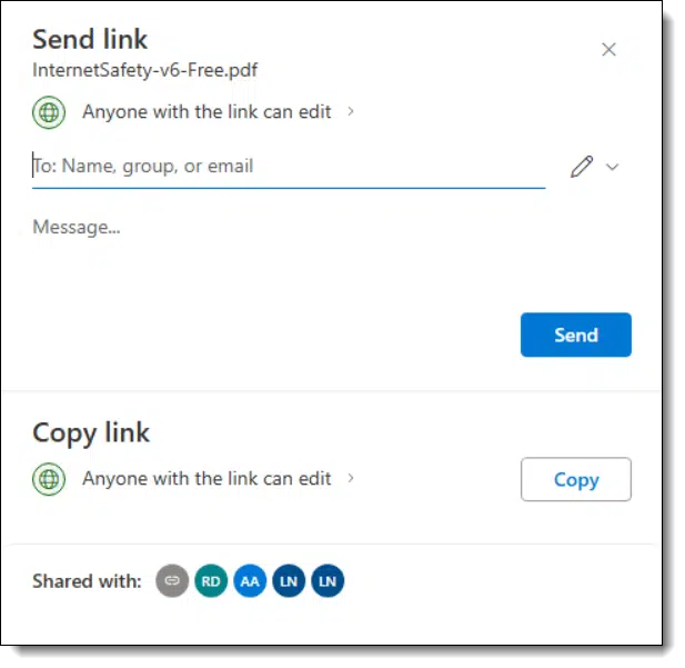 Sharing a file via OneDrive.com.