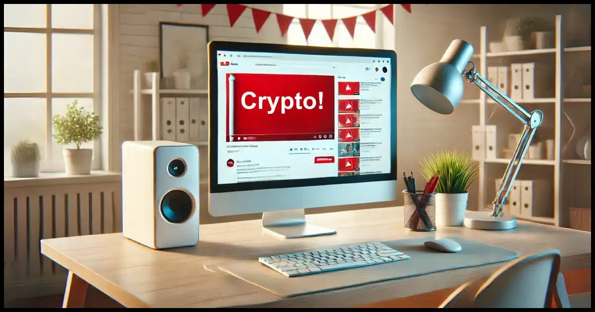 A desktop PC setup on a clean, modern desk with a YouTube video comment section displayed on the screen. A large red flag icon hovers subtly over one of the comments to symbolize a scam warning.