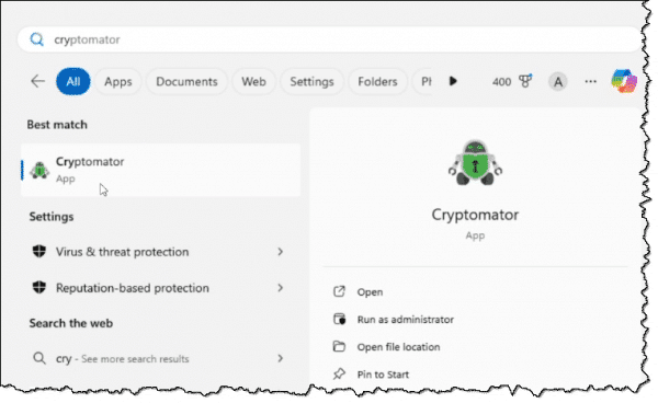 Cryptomator on the Windows 11 Start menu.