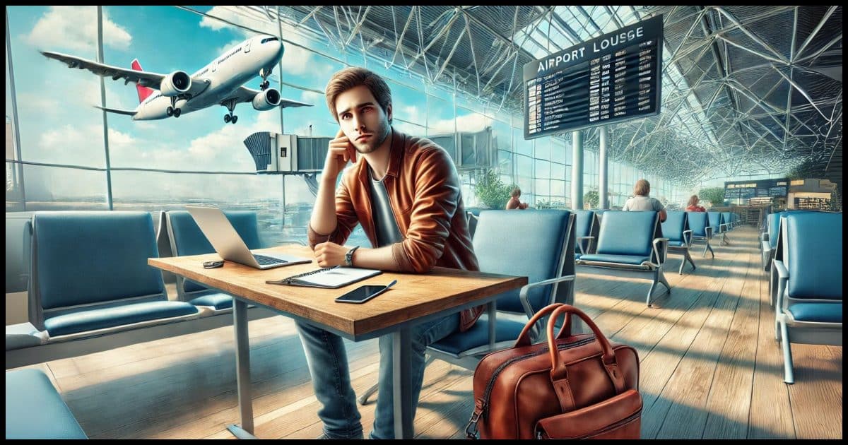 A traveler in an airport lounge with a worried expression, sitting at a table. The background includes bright airport signage, large windows with planes visible, and an empty laptop bag on the chair beside them. The traveler is dressed casually, suggesting they are stranded without digital devices.