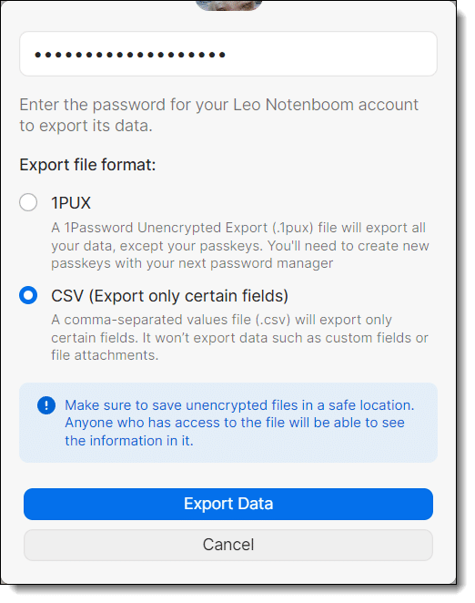 1Password export to CSV.