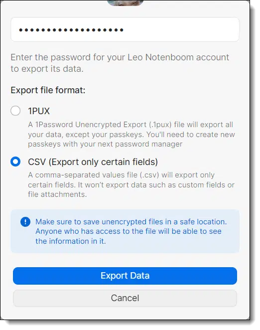 1Password export to CSV.