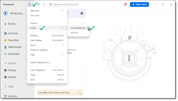 1Password desktop app and Export menu