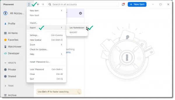 1Password desktop app and Export menu